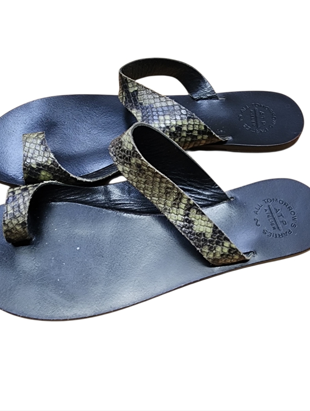 ATP Atelier Black Green Snake Print Leather Slide Sandals 8.5 39 Box 53 - Picture 2 of 6